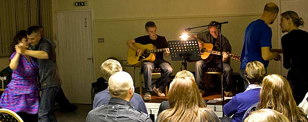 Ray, son and dancers