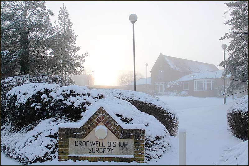 Cropwell Bishop Surgery under snow